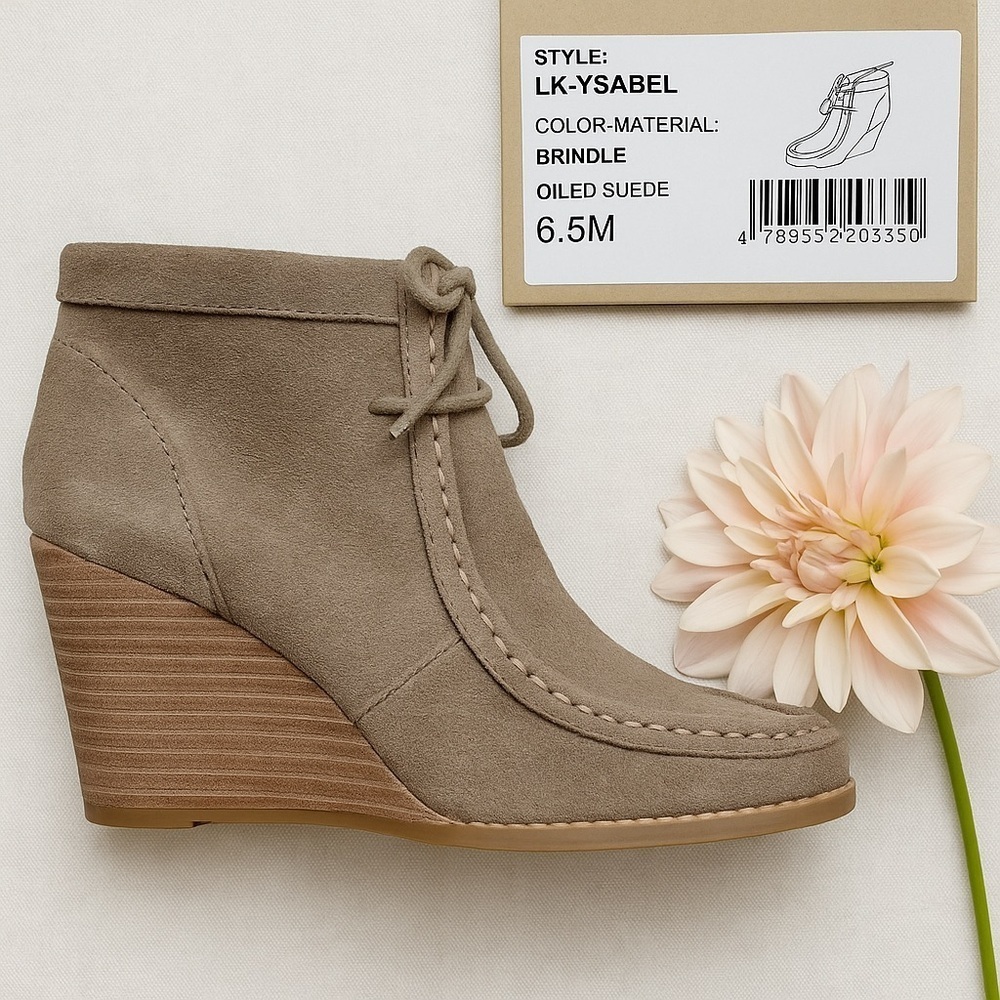 Lucky Brand LK-YSABEL Brindle Oiled Suede Wedge Booties – Size 6.5M